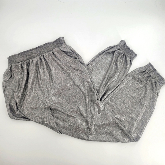 ANTHROPOLOGIE Gillian Shimmer Jogger Womens Sz Medium Silver Metallic Pants - Picture 3 of 4